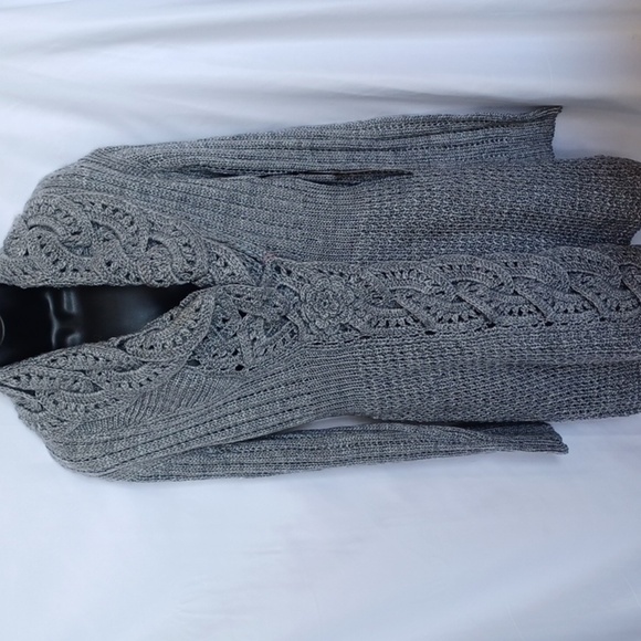 John Fashion Gray Crochet Duster Sweater Coat Wool Blend Large Stunning - Picture 1 of 8